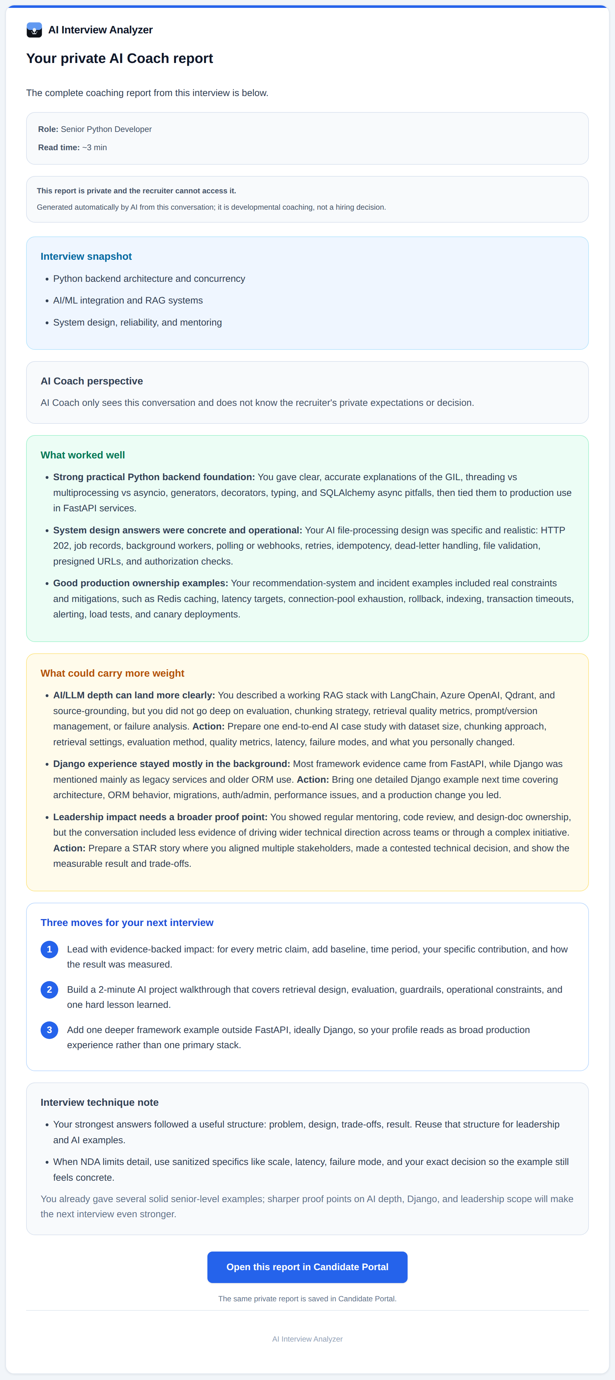 Sample AI Coach email with strengths, areas to improve, and concrete advice