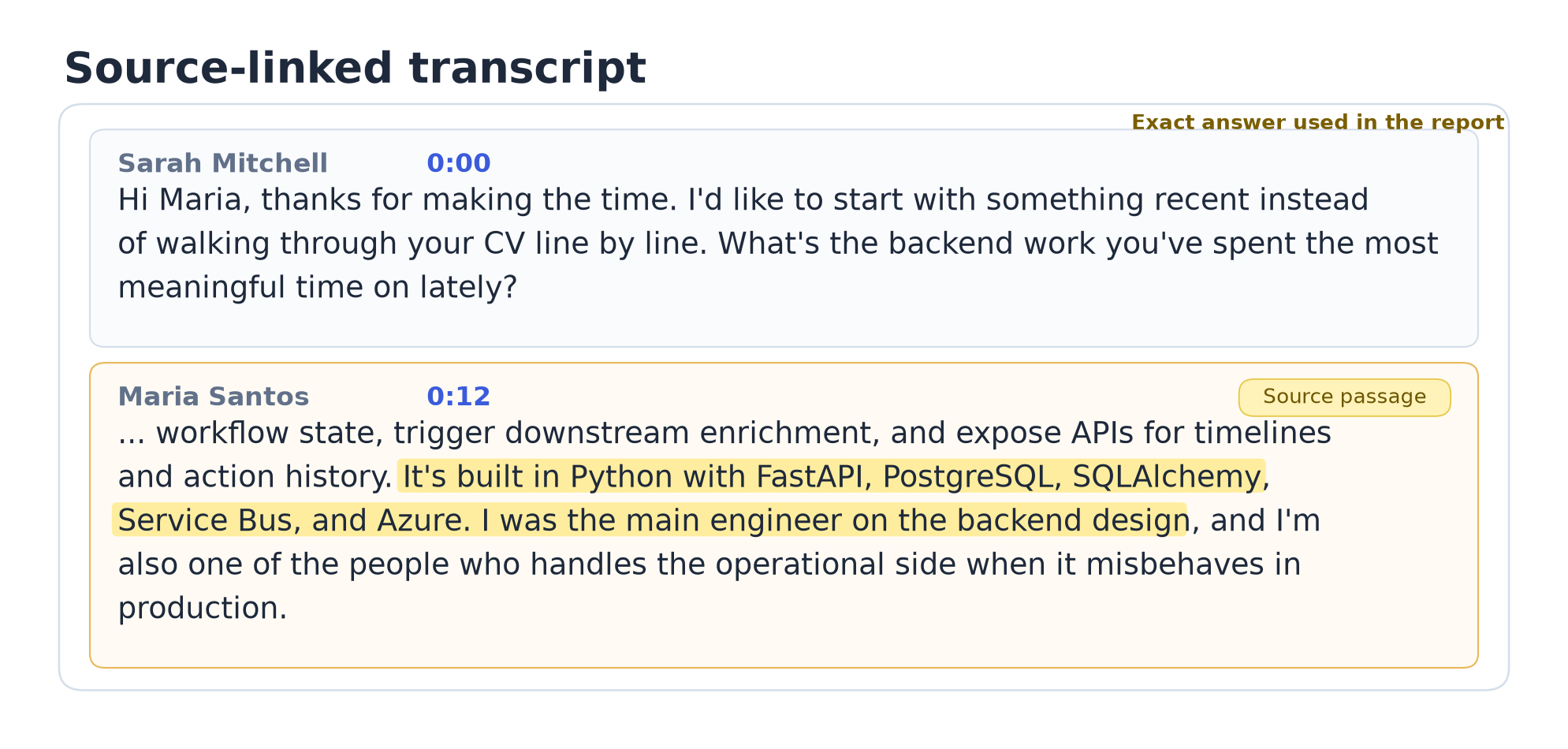 A highlighted answer in the sample transcript linked to the report conclusion