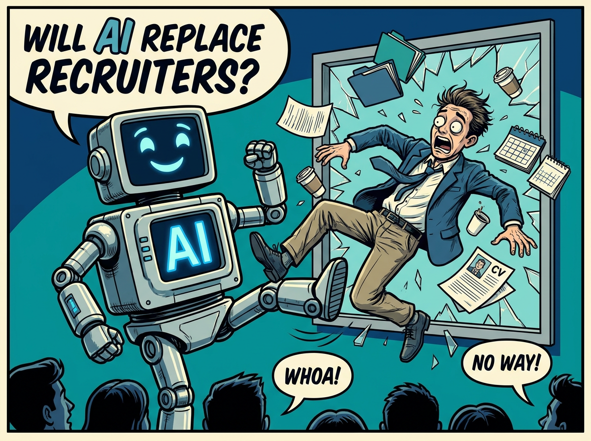 A comic illustration of AI pushing a recruiter out of an office window, representing anxiety about automation in recruiting